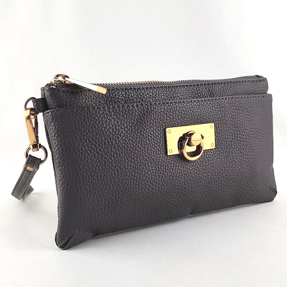 Love & Lore Wristlet Clutch Dark  Grey Gold Tone Hardware Top Zip Closure